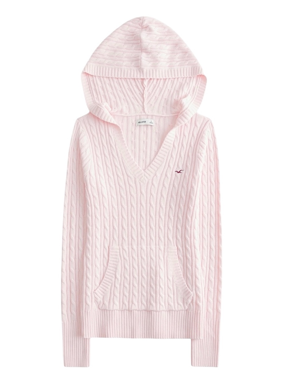 Hollister Cable Knit V Neck Hoodie Sweater‎ Pink Small Slim Fit Logo NWT